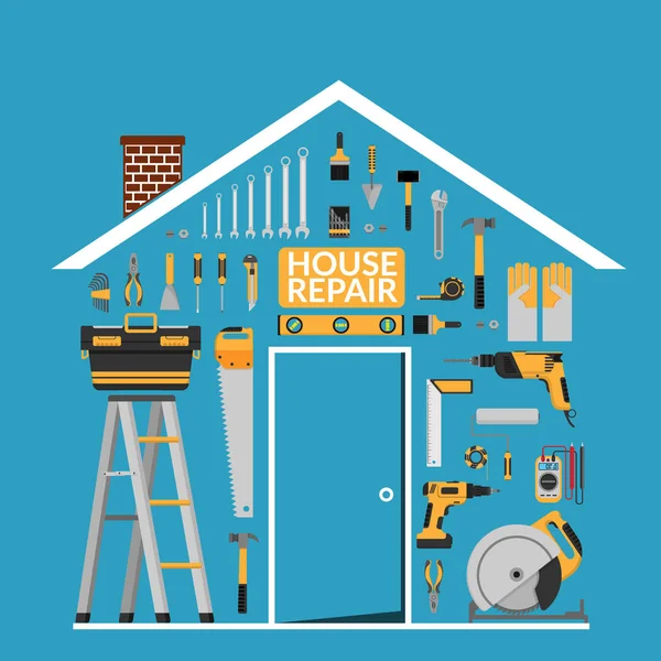 Set of DIY home repair working tools vector logo design template under roof in home shape. home repair banner, construction , repair icons. hand tools for home renovation & construction. flat design — Stock Vector
