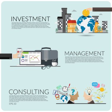 vektör iş kavramı kümesi. yatırım, yönetim ve danışmanlık illüstratör metin için kopya alanı ile mavi arka plan izole. düz tasarım