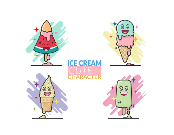 Набор творческих милый мультфильм мороженого конус и бар в разницу вкус на белом фоне с эмоциями счастливое лицо с талой мороженого. Мороженое милый характер иллюстрации. креативные пастели — стоковый вектор