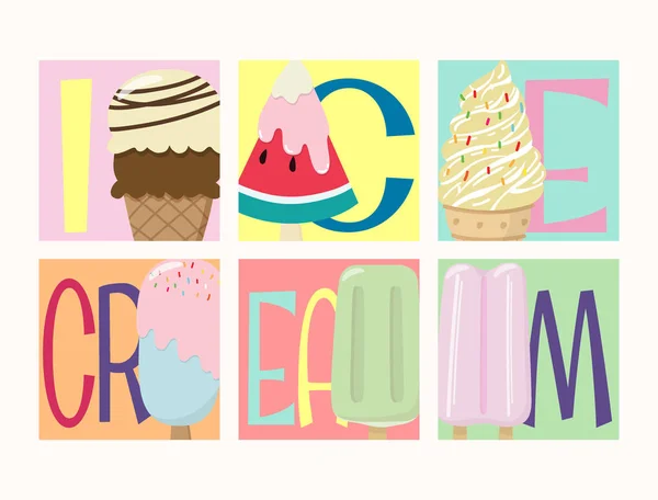 Набор креативных векторных вкусных красочных коллекций мороженого со множеством иллюстраций вкуса с текстовым мороженым, выделенным на красочном фоне — стоковый вектор