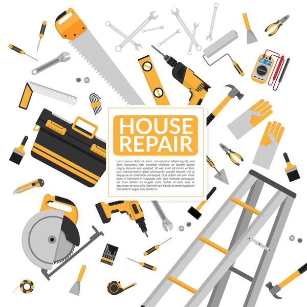 Yellow house repair tools and construction working equipment isolated on white background with copy space. vector illustration, flat design — Stock Vector