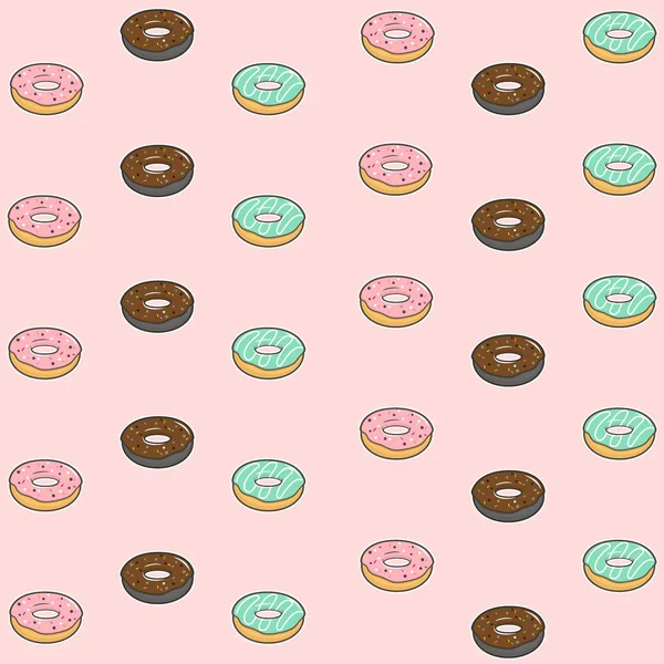 矢量无缝模式与彩色甜甜圈与釉和洒在柔和的粉红色背景装饰咖啡店或面包店. — 图库矢量图片