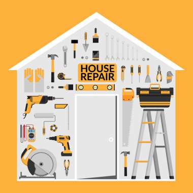 Diy ev onarım çalışma araçları vektör logo tasarım şablonu ev şeklinde çatı altında ayarlayın. ev onarım afiş, inşaat, onarım simgeleri. ev yenileme ve inşaat için el aletleri. düz tasarım