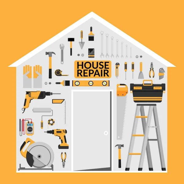 Set of DIY home repair working tools vector logo design template under roof in home shape. home repair banner, construction , repair icons. hand tools for home renovation & construction. flat design — Stock Vector