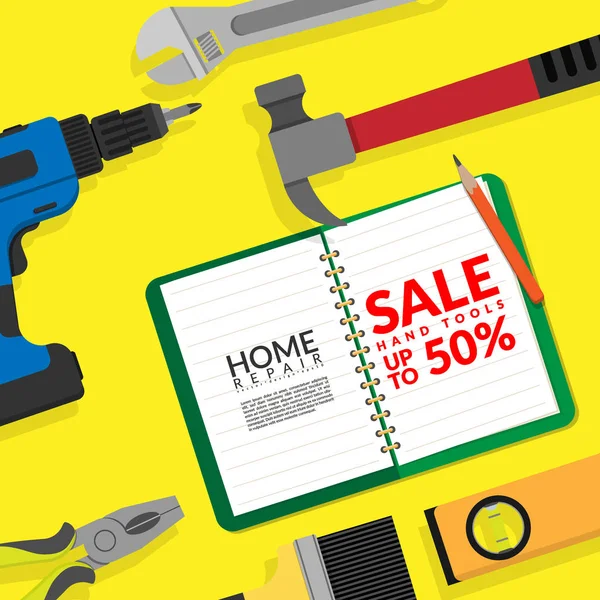 Home repair hand tools set isolated on yellow background with blank white paper with text hand tools sale discount up to 50% for hardware store discount promotion and marketing — Stock Vector