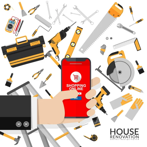 çevrimiçi mağaza için beyaz arka plan üzerinde yalıtılmış ev araçları. elinde cep telefonu ile işadamı araçları malzemeleri ekipman mağaza web sitesi üzerinden online alışveriş onarım aracı için uygulama kullanarak
