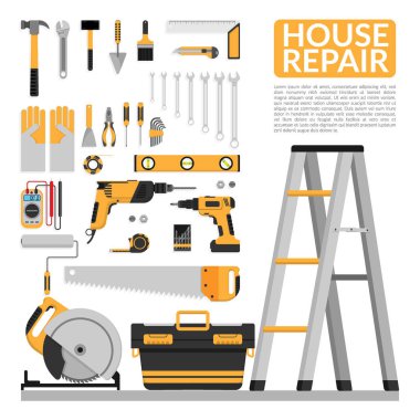 Diy ev onarım çalışma araçları vektör logo tasarım şablonu kümesi. ev onarım afiş, inşaat, onarım simgeleri. ev yenileme ve inşaat için el aletleri. düz tasarım, Eps10 vektör illüstrasyon