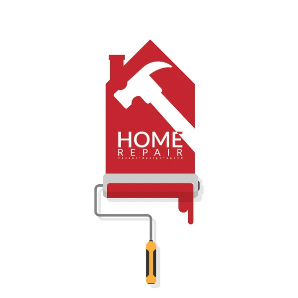 Vector illustrator design of paint roller painting red color on white wall in shape of house logo with white shadow of hammer with text home repair. home renovation service and painting concept — Stock Vector