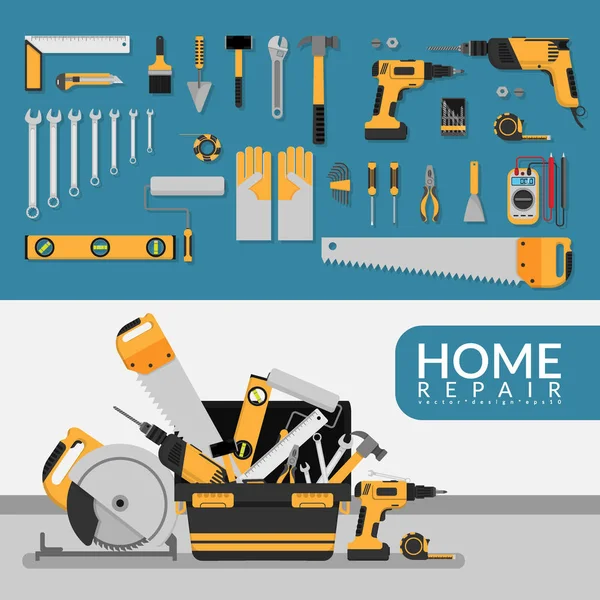 Home repair service template with set of DIY home repair working tools. home repair service consulting, renovation & construction company on white background for marketing concept. vector flat design — Stock Vector