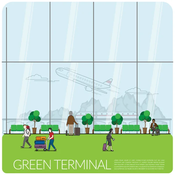 Design interno del terminal dell'aeroporto di partenza con passeggero, turista, uomo d'affari con aereo, sky train e vista sulle montagne dietro uno sfondo di vetro trasparente. aeroporto ecologico — Vettoriale Stock