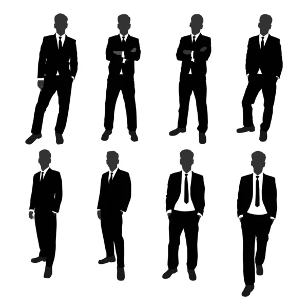 Vector conjunto de stand hombre de negocios silueta de cuerpo completo. hombre de negocios con diferentes posando acción — Vector de stock