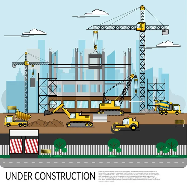 Vektor av upptagen byggarbetsplats med arbetare, lastbil, kran och tung utrustning som arbetar på byggnadsstruktur med utsikt över staden i bakgrunden. konstruktion Infographics — Stock vektor