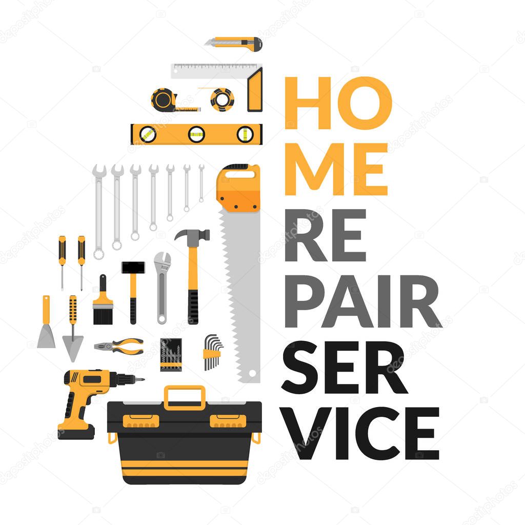 Home repair service template with set of DIY home repair working tools. home repair service consulting, renovation & construction company on white background for marketing concept. vector flat design