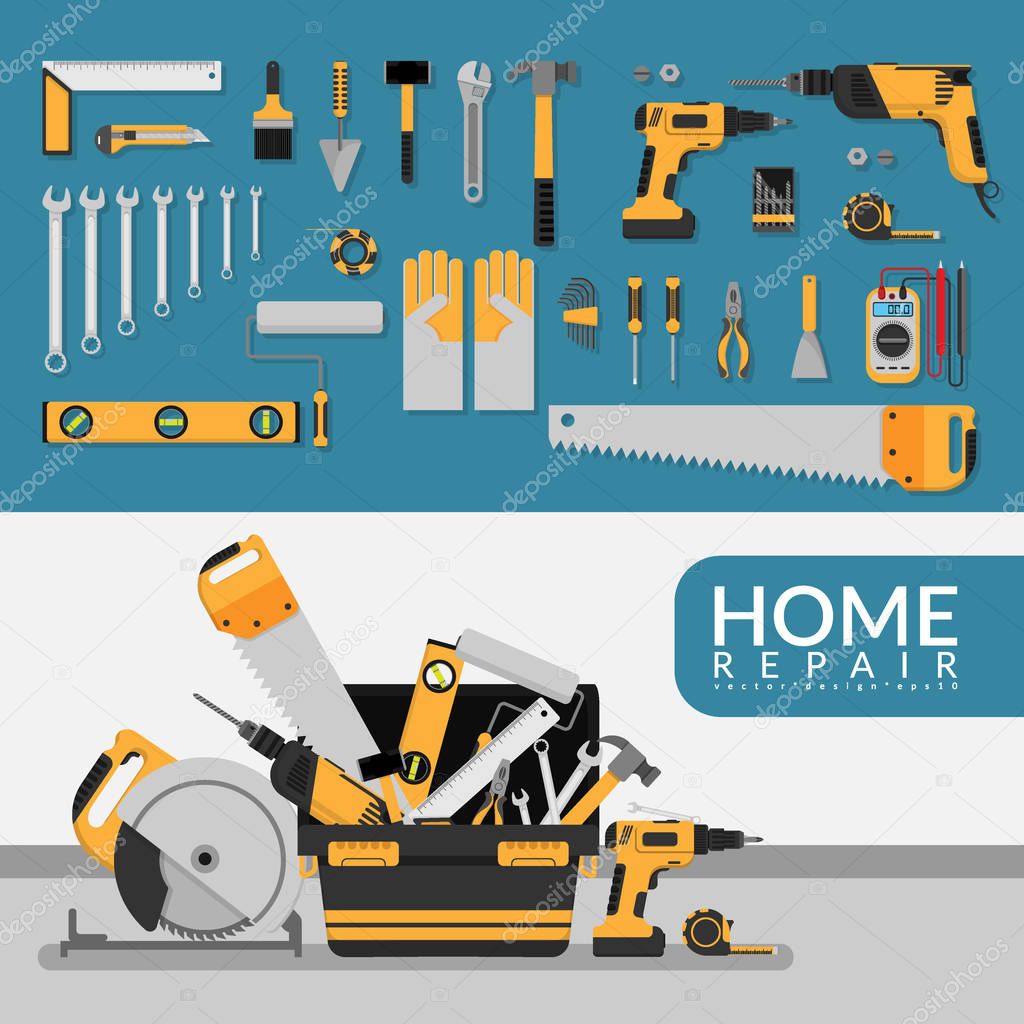 Home repair service template with set of DIY home repair working tools. home repair service consulting, renovation & construction company on white background for marketing concept. vector flat design