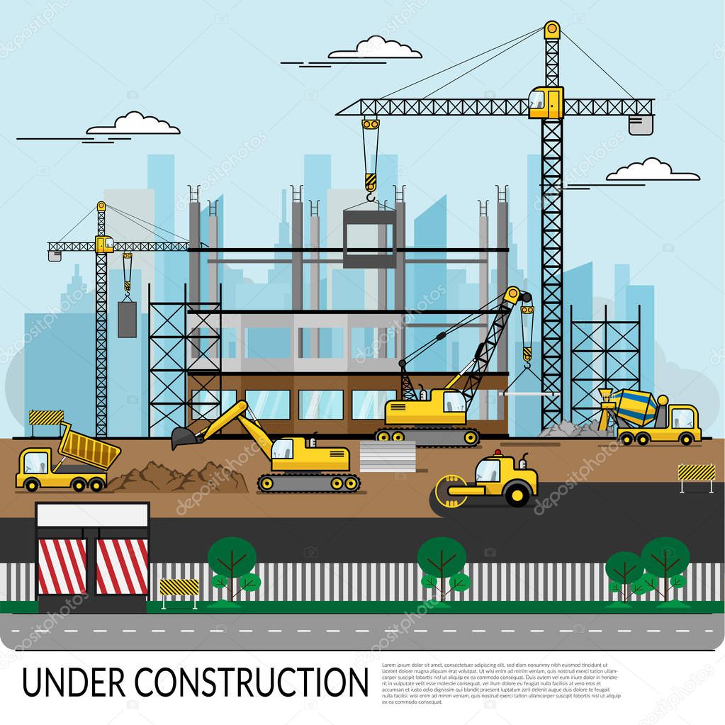 vector of busy construction site with workers , truck , crane and heavy equipment working on building structure with city view at background. construction infographics