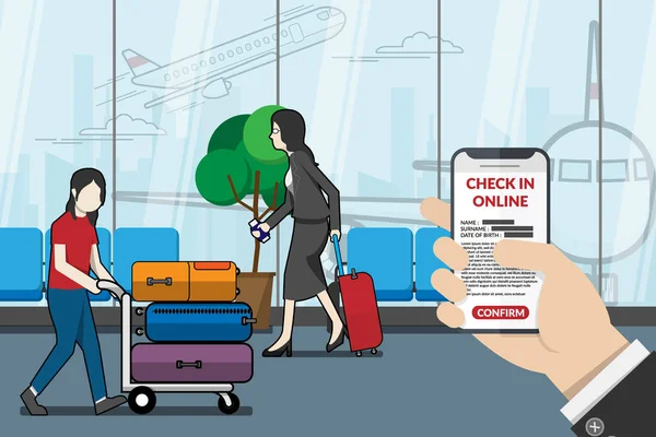 Homem de negócios como passageiro usando o pedido de check-in on-line no aeroporto. tecnologia para conceito de viagem. desenho plano do ilustrador vetorial — Vetor de Stock