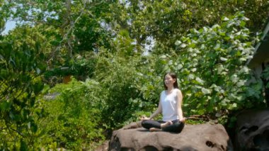 4k. meditasyon yoga yapan bir kadın yaz tatili sırasında çevre için yeşil ağaç ile bir kaya üzerinde poz. çekici genç Asyalı kadın lotus veya sukhasna meditasyon poz oturur