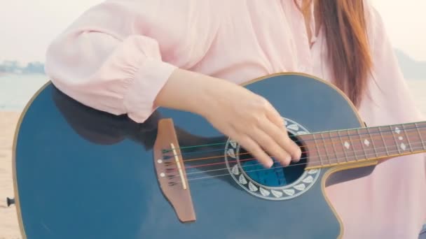 부드러운 바람과 해변에서 어쿠스틱 기타를 연주하는 여자의 클로즈업 휴식을 느끼는 — 비디오