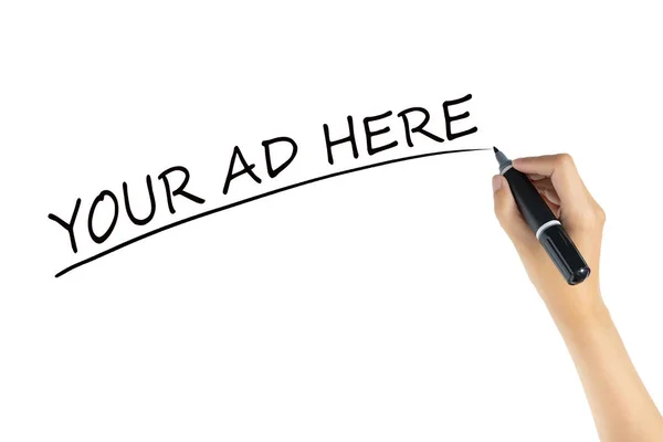 Hand writing word Your Ad Here with black color marker pen isolated on white background. space of advertising for marketing concept — Stock Photo, Image