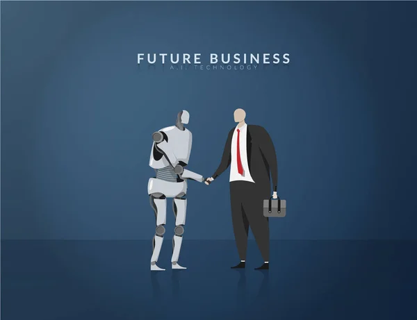 Humano e IA trabajando juntos, negocio futuro, tecnología e innovación concepto. Inteligencia artificial o inteligencia artificial estrechando la mano para la cooperación en los negocios con humanos . — Vector de stock