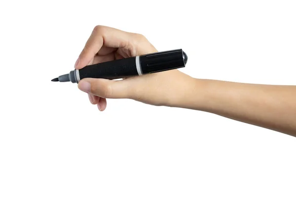 Hand holding black magic marker pen ready to writing something isolated on white background with copy space, studio shot, side view Stock Photo