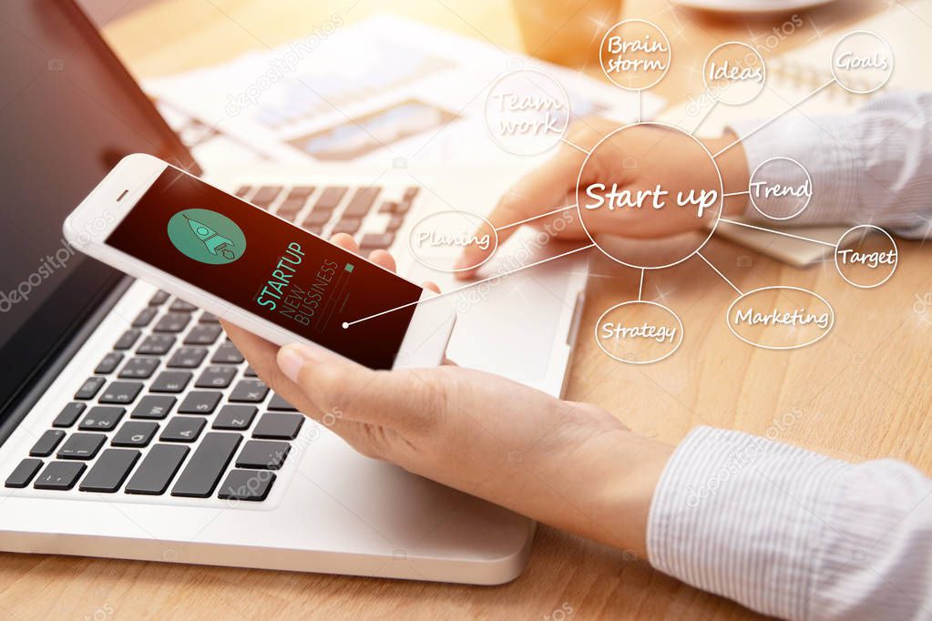 People using smart phone with startup business and rocket logo on screen and business plan management mind map, start up ideas and strategy business