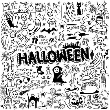 El çizimi karikatür çizimi vektörü Cadılar Bayramı temasında nesneler ve semboller kümesi