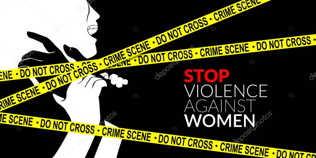 man are using force to coerce woman with yellow crime scene tape. stop domestic violence against women campaign.