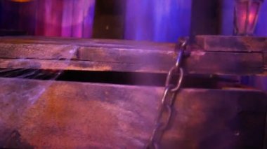 4K. shaking coffin at tomb cemetery in halloween haunted night with film effect, pan camera to black copy space with text happy halloween and horror effect