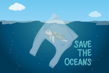 plastic pollution in ocean environmental problem concept.  poor turtle swim inside plastic bag floating in the ocean