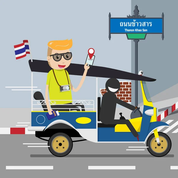 Backpacker Tourist ride on tuk (local taxi vehicle with three Wheices), що використовує мобільні навігаційні карти на смарт-телефоні для наведення інформації про Khao San Road landmark of Bangkok — стоковий вектор