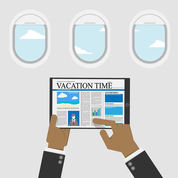 Businessman use digital tablet for reading content about vacation time for travel information,plane window with sky view at background. vector illustration flat design — Stockový vektor