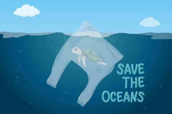 Plastic pollution in ocean environmental problem concept.  poor turtle swim inside plastic bag floating in the ocean — Διανυσματικό Αρχείο