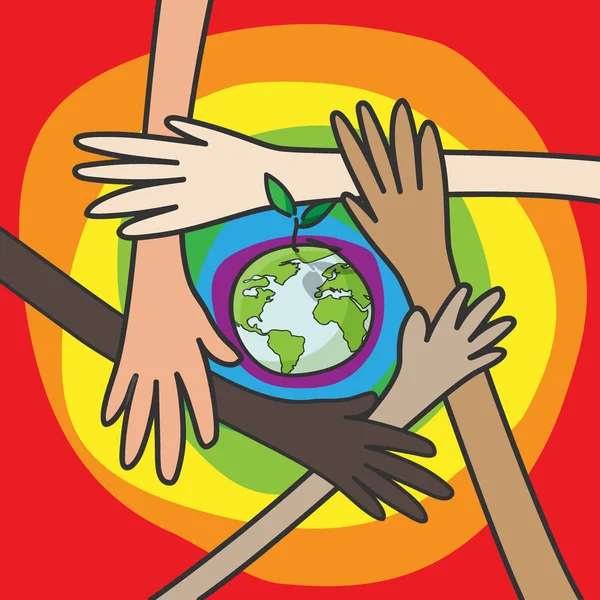 Save the world concept. hands of people of different nationalities working together for saving environment nature conservation and csr corporate social responsibility — Stock Vector