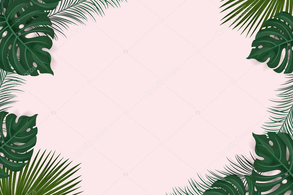 creative frame layout from tropical background with exotic palm leaves and plants isolated on pink background , flat lay. nature concept