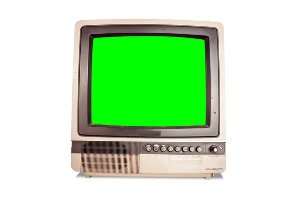 Vista frontal del viejo receptor de TV retro con pantalla verde en blanco aislado sobre fondo blanco con ruta de recorte — Foto de Stock