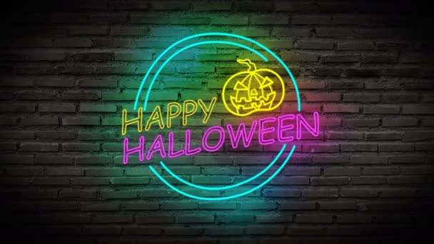 Felice Halloween Brillanti Lampade Neon Bagliore Sul Muro Mattoni Neri — Video Stock