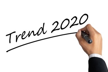 İş adamı el yazısı eğilimi: 2020 Siyah renkli kalemle beyaz arka planda izole edilmiş. Trends 2020 İş Konsepti