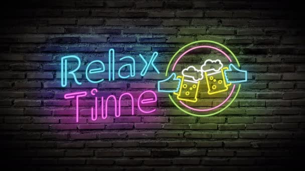 Tempo Relaxamento Lâmpadas Néon Brilhantes Brilham Parede Tijolo Preto Placa — Vídeo de Stock