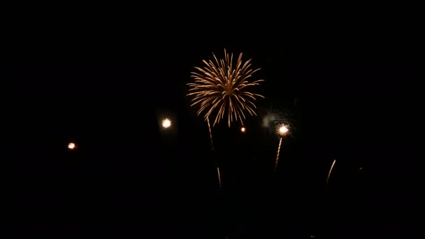 国庆节 新年晚会或庆典活动期间 在夜间的天空中展示的真正的金色烟火节的无缝回旋 — 图库视频影像
