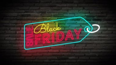 4 bin. Kara Cuma etiket satışı etiketi parlak neon lambalar siyah tuğla duvarda parlıyor. Kara Cuma satış promosyonu ve reklamları için renkli tabela