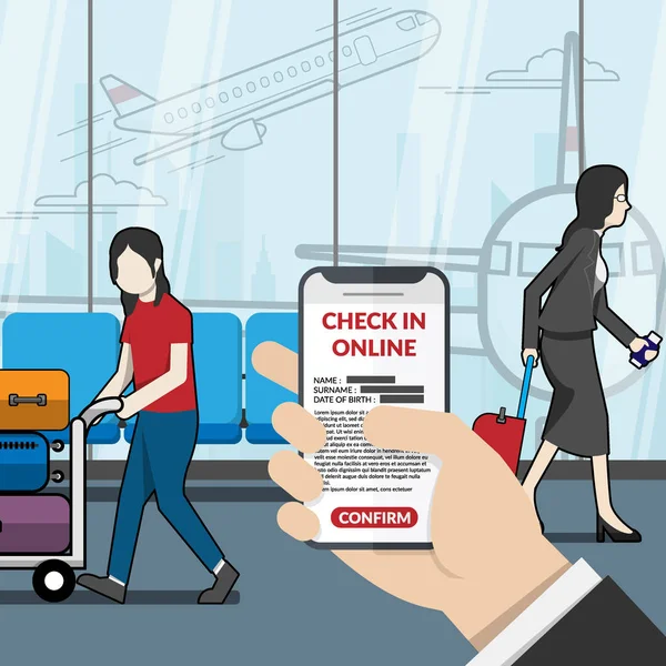 Uomo d'affari come passeggero che utilizza l'applicazione per il check-in online in aeroporto. tecnologia per il concetto di viaggio. illustratore vettoriale design piatto — Vettoriale Stock