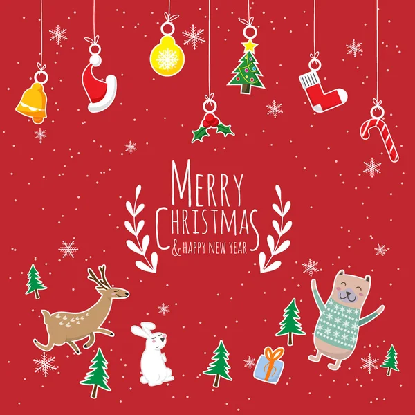 Joyeux Noël & Bonne année. dessin animé mignon d'animaux personnage, arbre de Noël et boîte cadeau avec texte Joyeux Noël pendaison ornements de Noël isolé sur fond rouge — Image vectorielle
