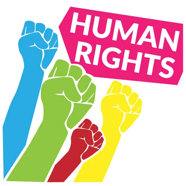 Concepto de derechos humanos. colorido de mano de puño humano se elevan al cielo con citas etiqueta Derechos Humanos. ilustración vectorial — Vector de stock