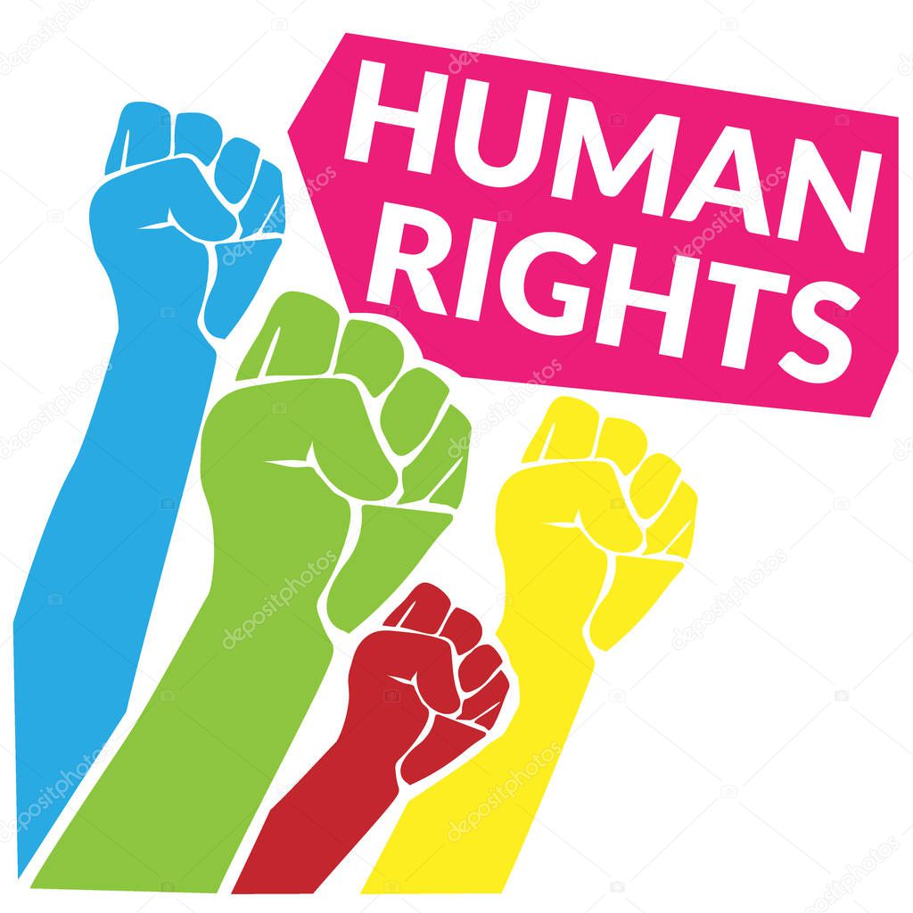 Human Rights concept. colorful of human fist hand raise up to the sky with quotes tag Human Rights. vector illustration