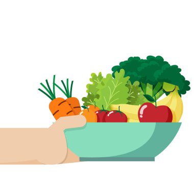 Elinde bir kase dolusu taze sebze ve meyve var. Beyaz arka planda izole edilmiş ve fotokopi alanı olan.