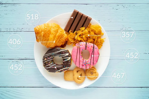 Kalori Sayma Gıda Kontrol Konsepti Donut Kruvasan Çikolata Kalori Ölçümü — Stok fotoğraf