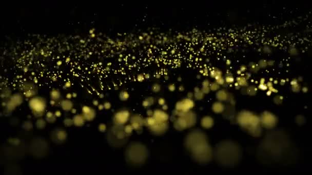 Våg Rörelse Abstrakt Partiklar Guld Damm Med Stjärnor Svart Bakgrund — Stockvideo