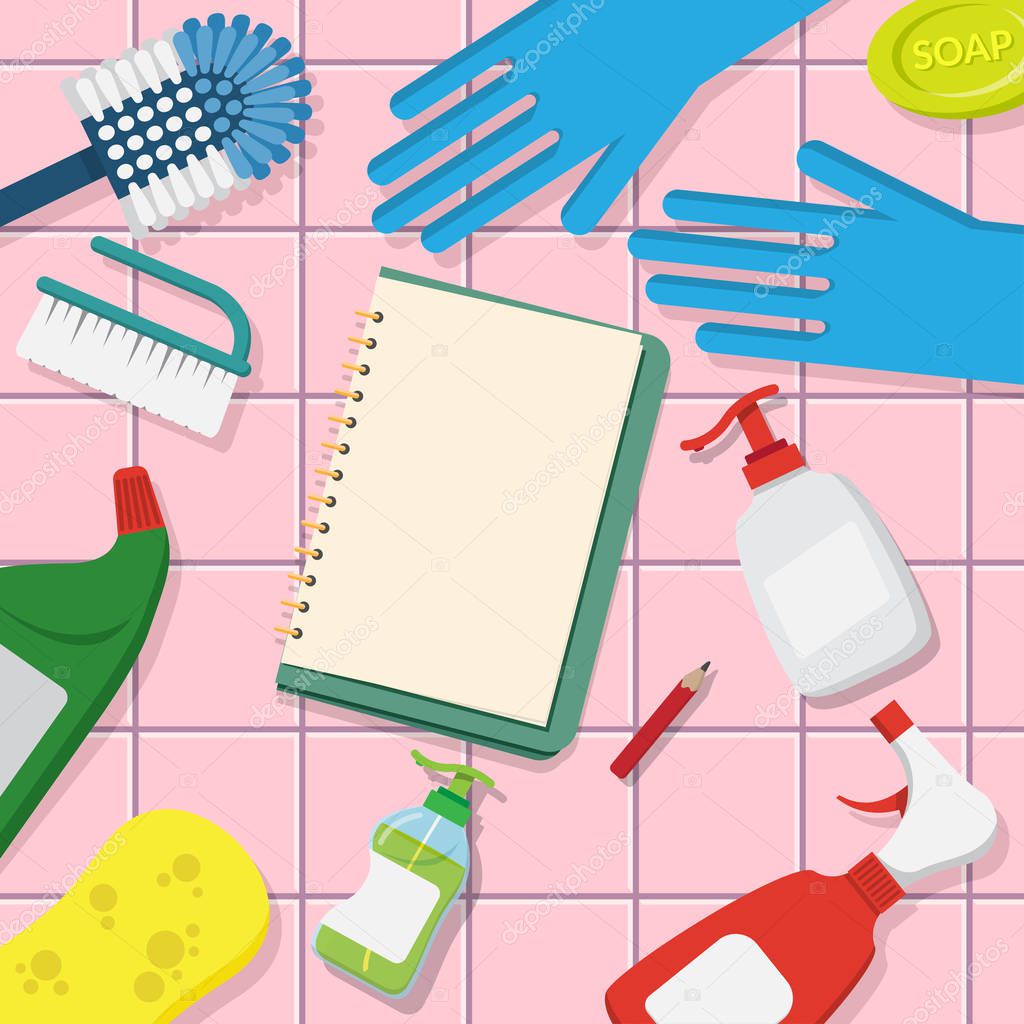 Vector set of household supplies cleaning product , tools of house cleaning on pink tile background with blank page open book for copy space