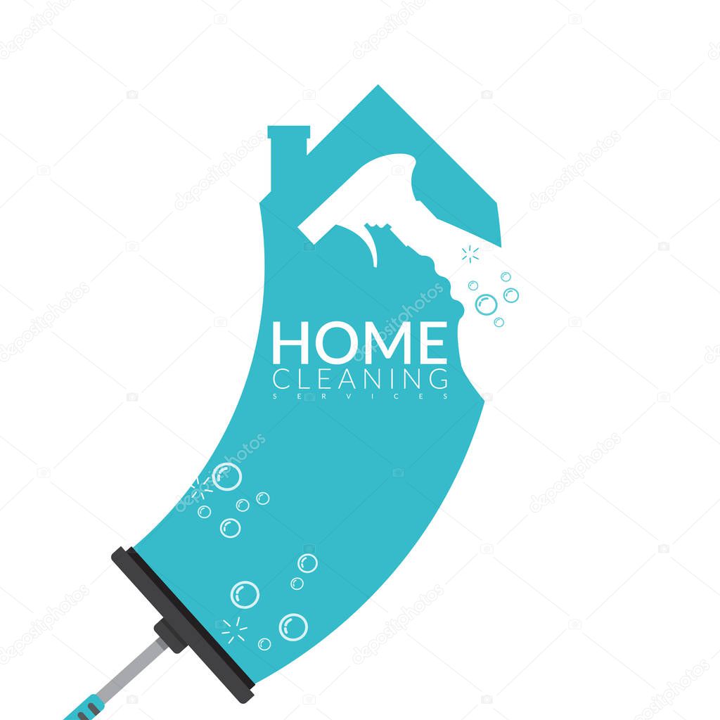 Vector of squeegee scraping on house shape in blue color with spray bottle and bubble foam overlay on it. home cleaning service business banner template